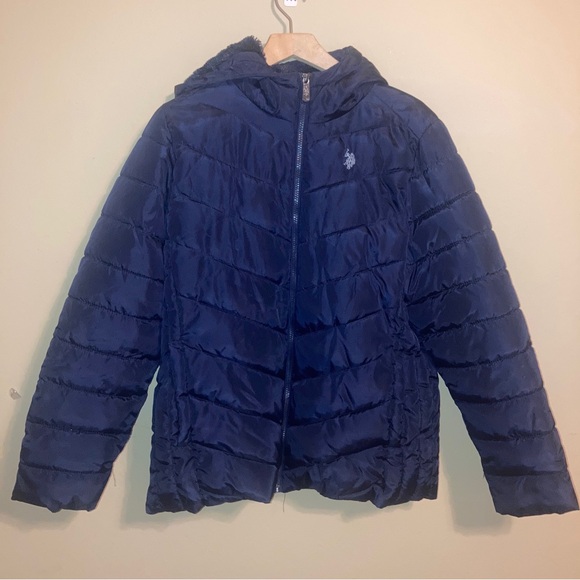 U.S. Polo Assn Puffer Jacket Hooded Women’s XL Navy Faux Fur Lining - Picture 2 of 9